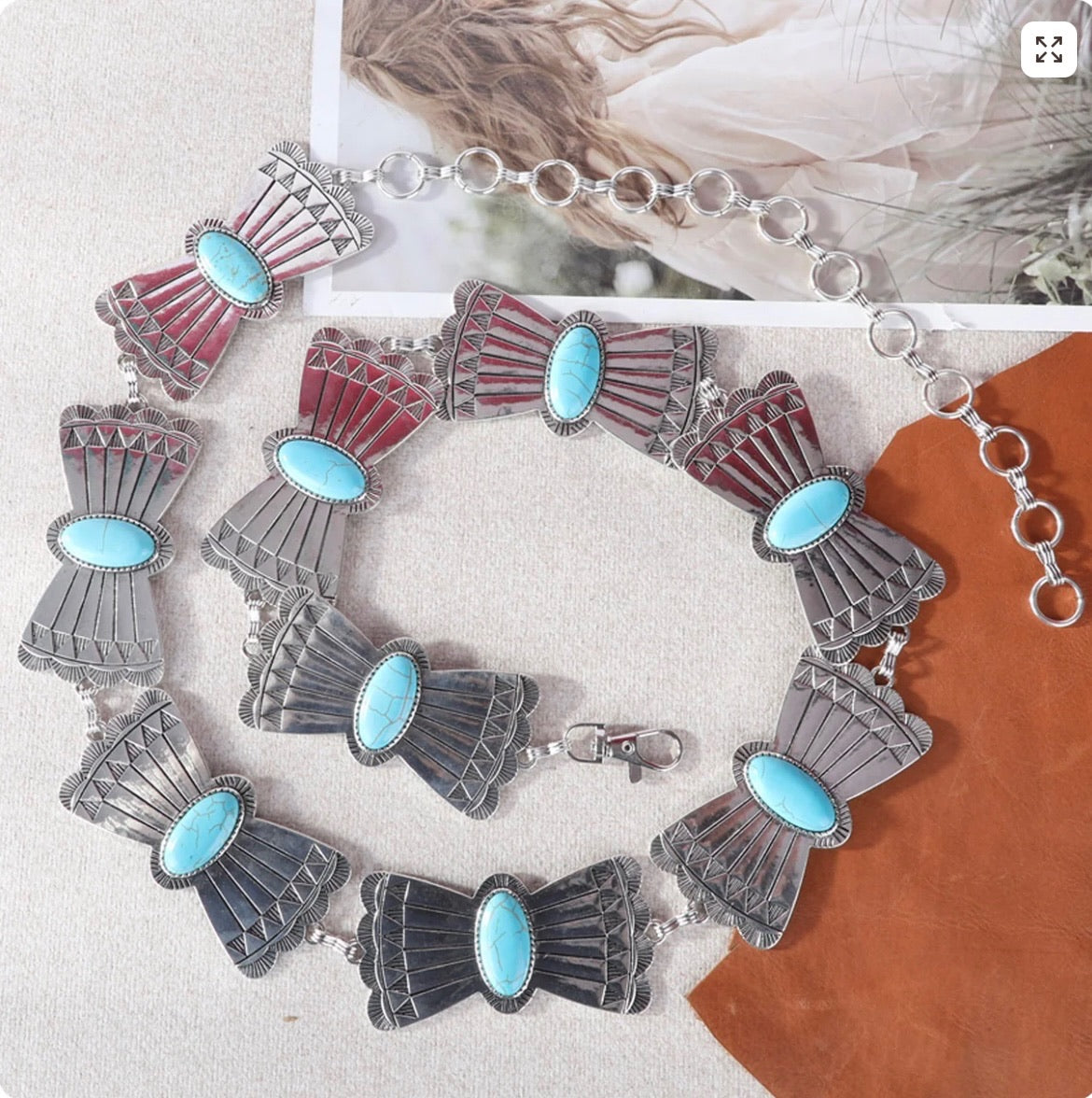 Rustic Couture Copper Mariposa Concho Link Belt with Turquoise Inlays