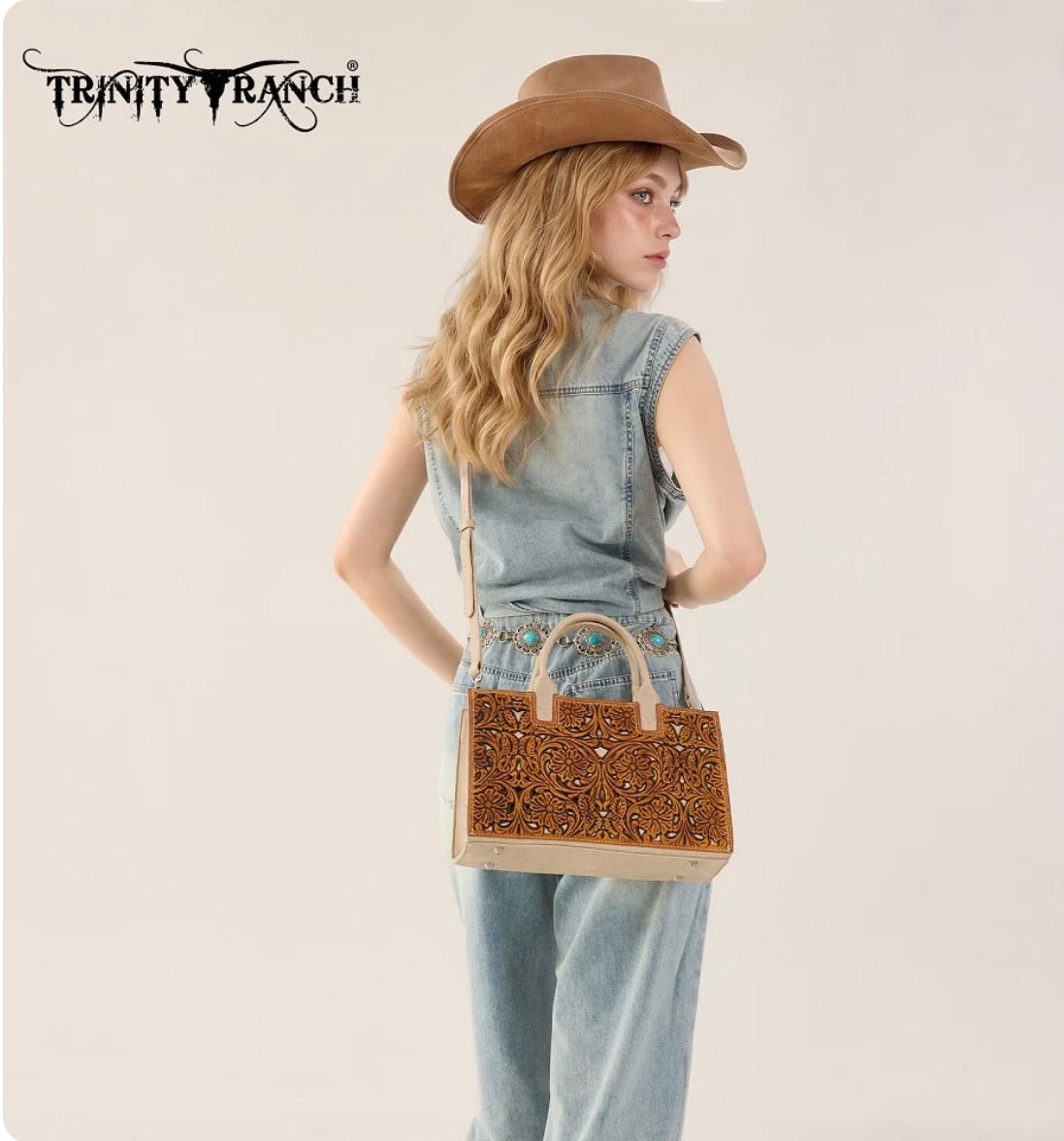 Trinity Ranch Floral Tooled Leather Western Satchel Purse