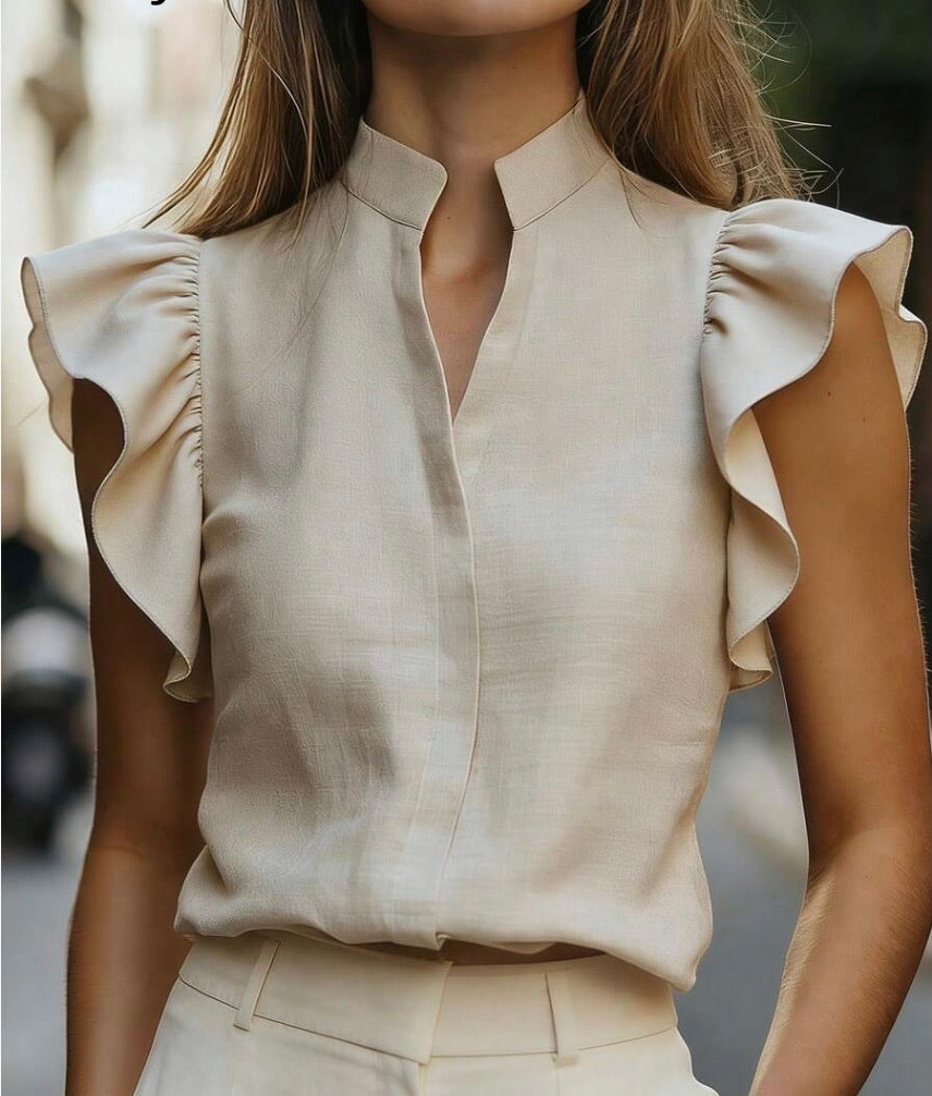 Linen V-Neck Ruffle Sleeve Blouse