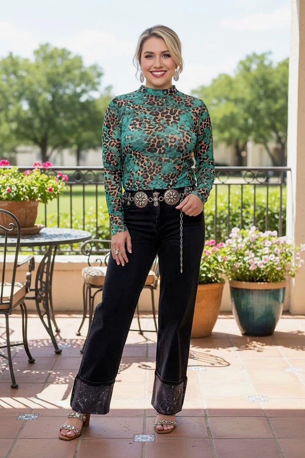 Black Denim Wide Leg Jeans with Rhinestones