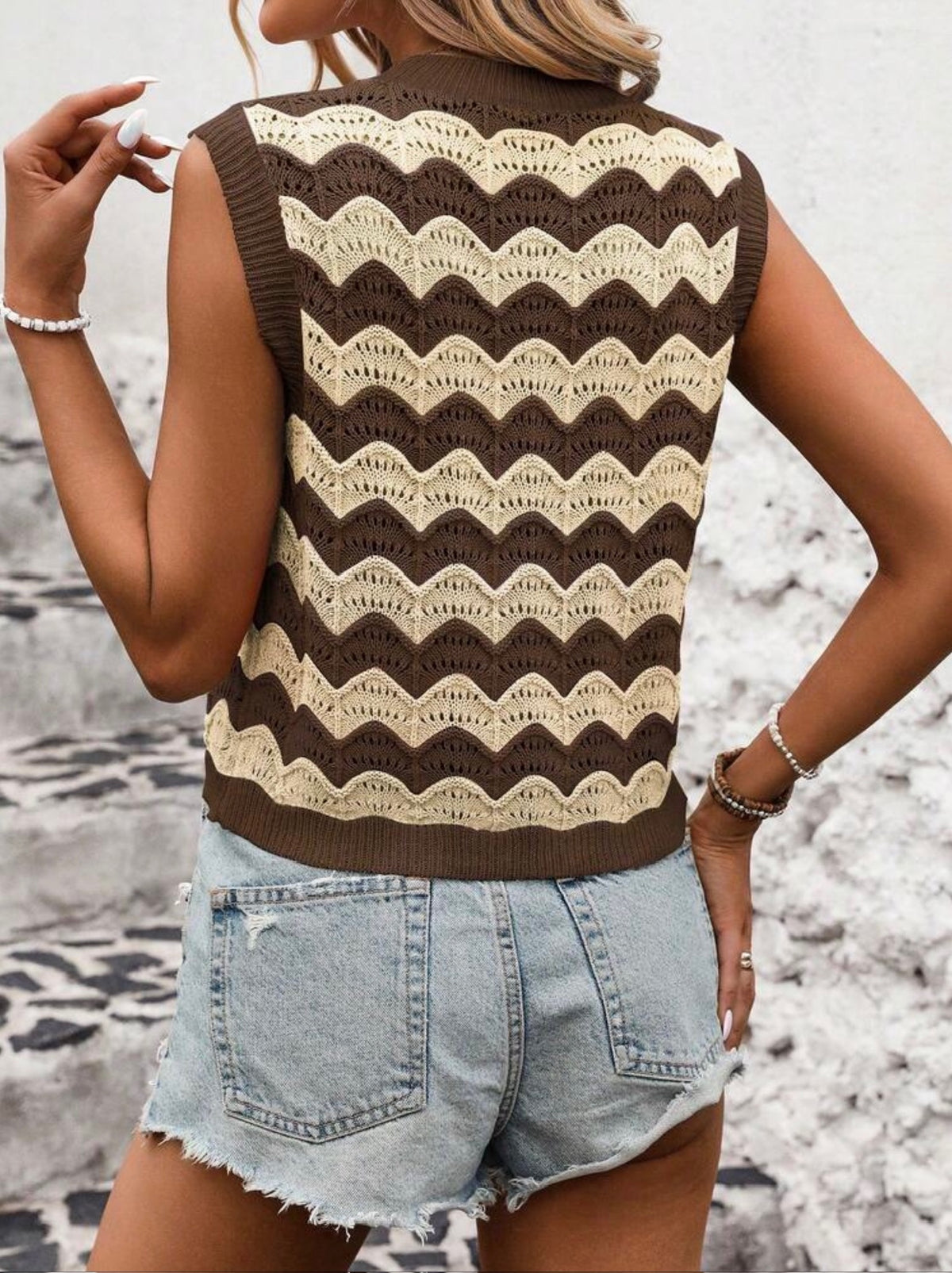 Crochet Contrast Sleeveless Sweater