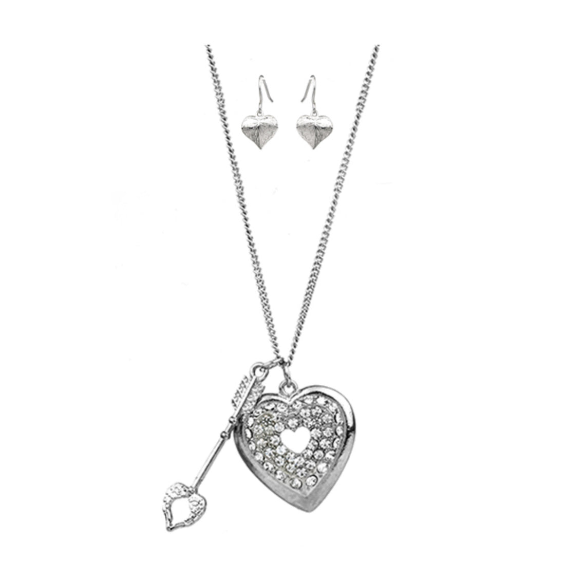 Silver and Cubic Zirconia Heart and Arrow Pendant Necklace with Mini Heart Dangle Earrings