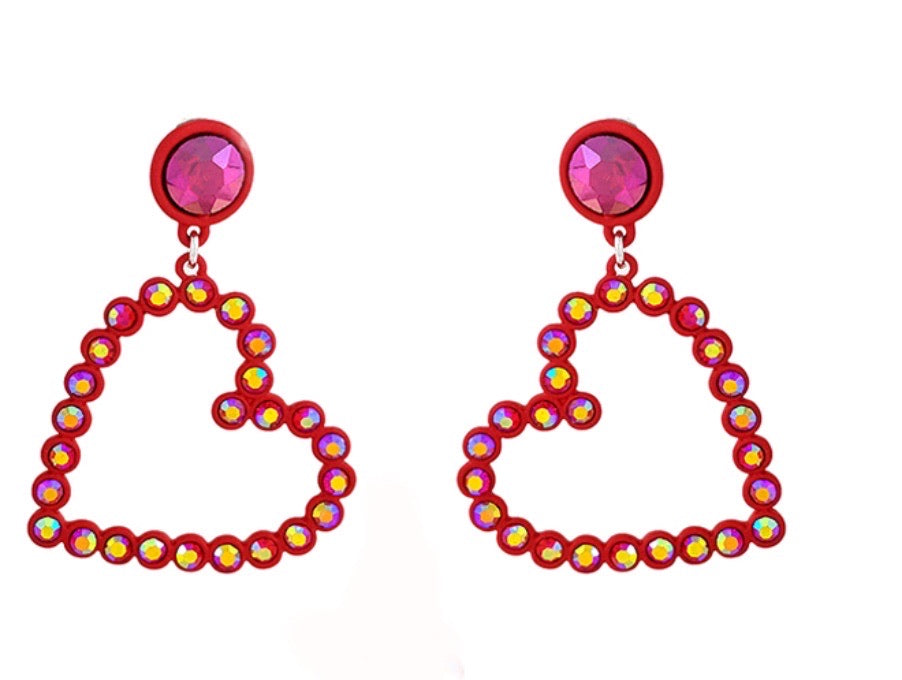 Red Rhinestone Heart Dangle Earrings