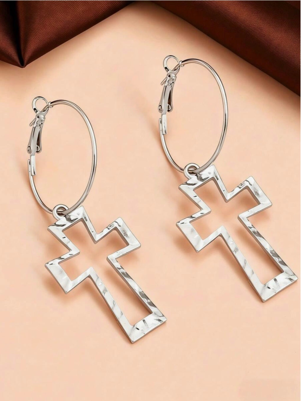 Silver Hollow Dangling Cross Hoop Earrings