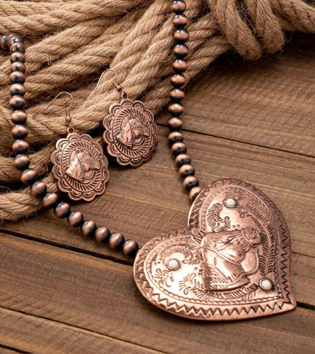 Heart Shaped Bronze Horse Pendant with Matching Dangle Earrings