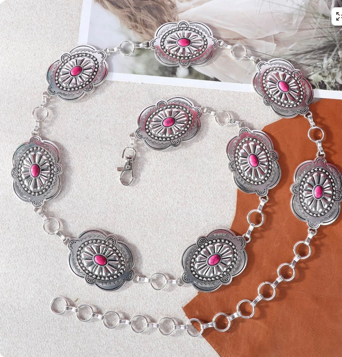 Rustic Couture Etched Oval Stone Concho Link Chain Belto