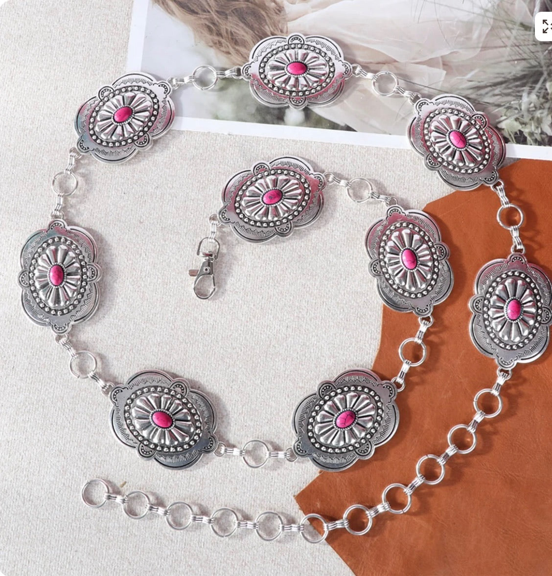 Rustic Couture Etched Oval Stone Concho Link Chain Belto