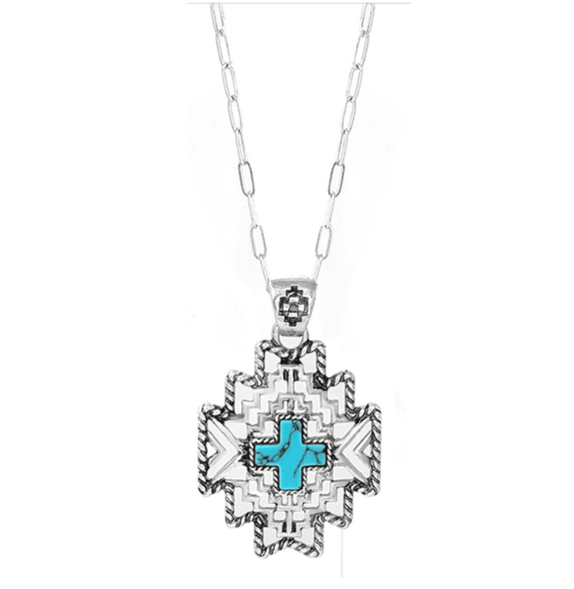 Silver Tribal Design Pendant Necklace with Turquoise Cross