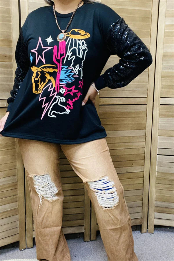 Black Western Embroidery & Sequin long sleeve women blouse