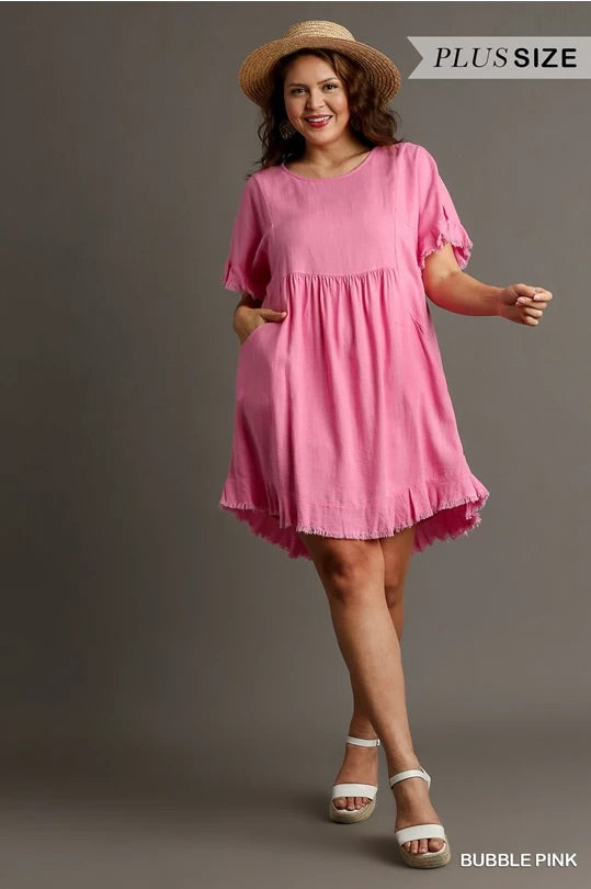 Linen Blend Round Neck Pocket Dress with Frayed Hems