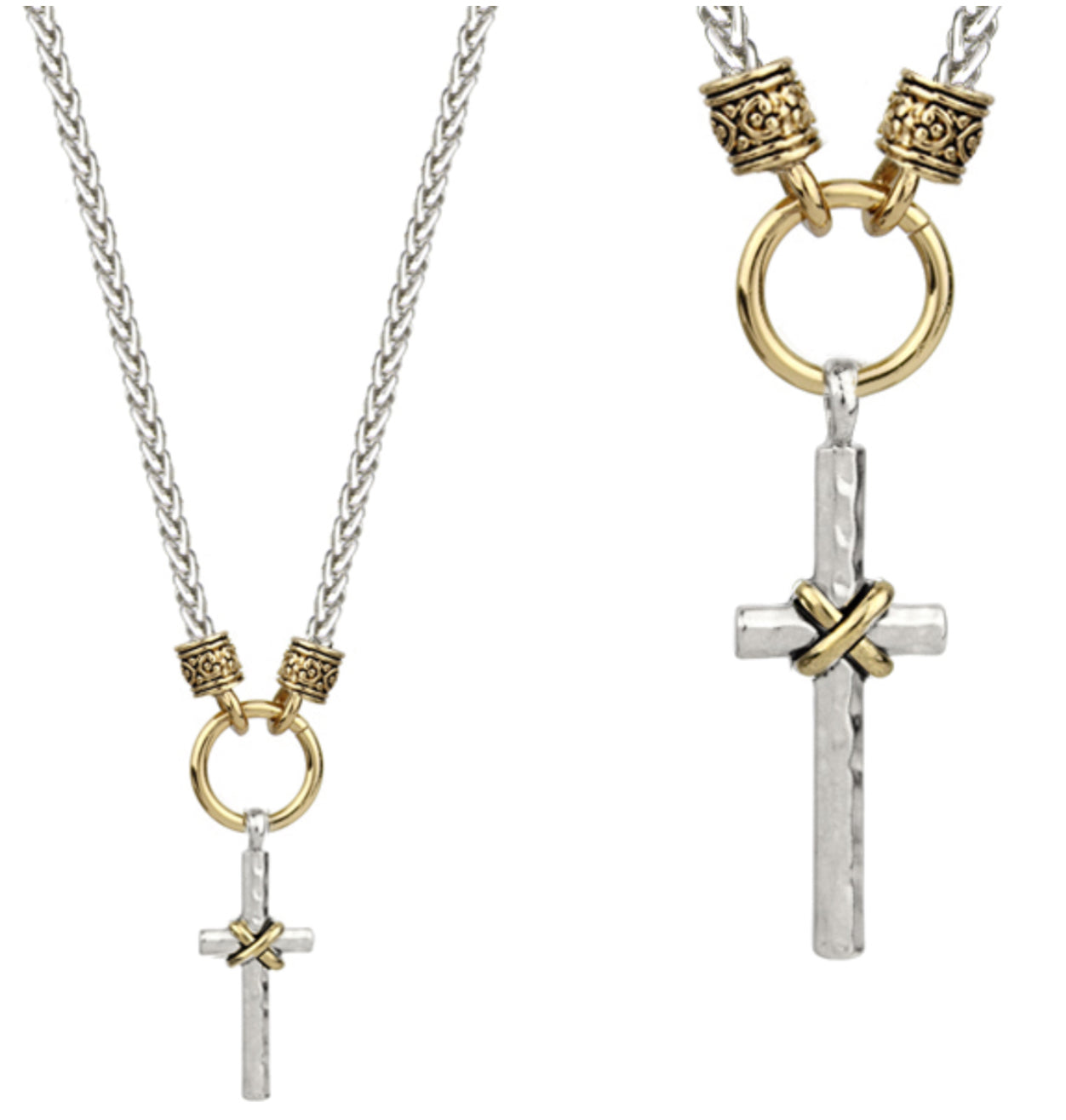 Two-Toned Metal Hammered Cross on Link Chain