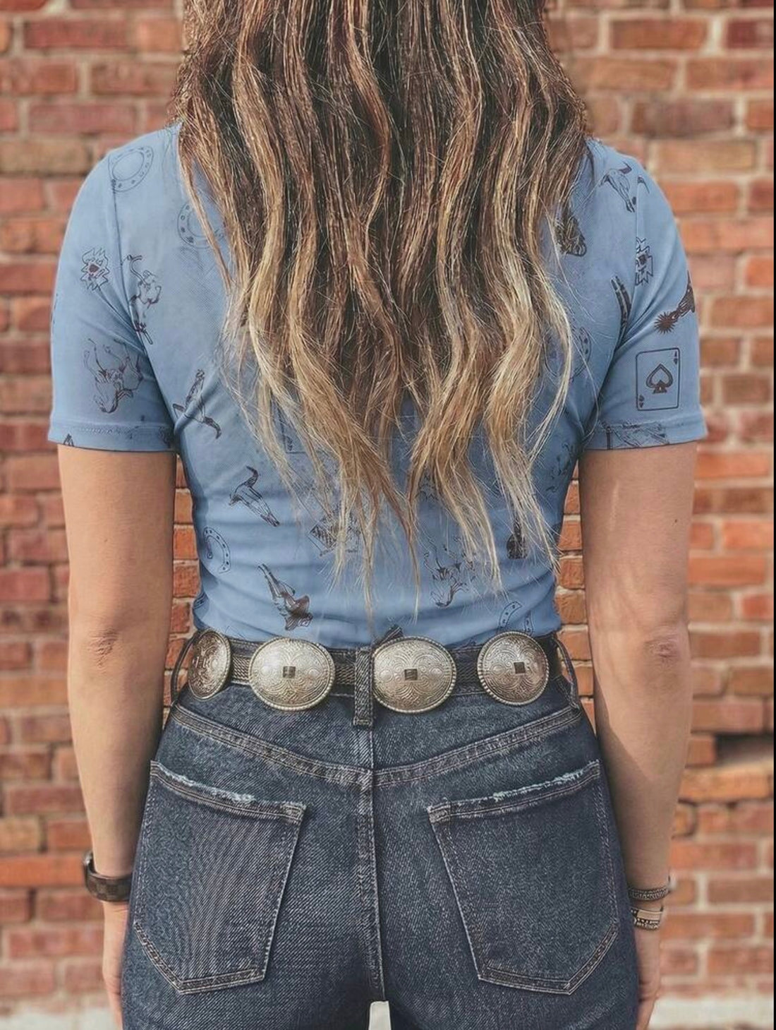 Acelitt Short Sleeve Western Print Mesh Top