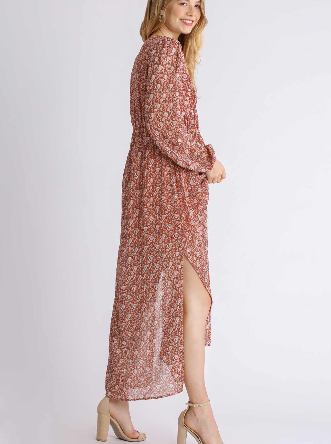 Sheer Floral Print Long Sleeve Smocked V-Neck Maxi Dress with Side Slits and Lining