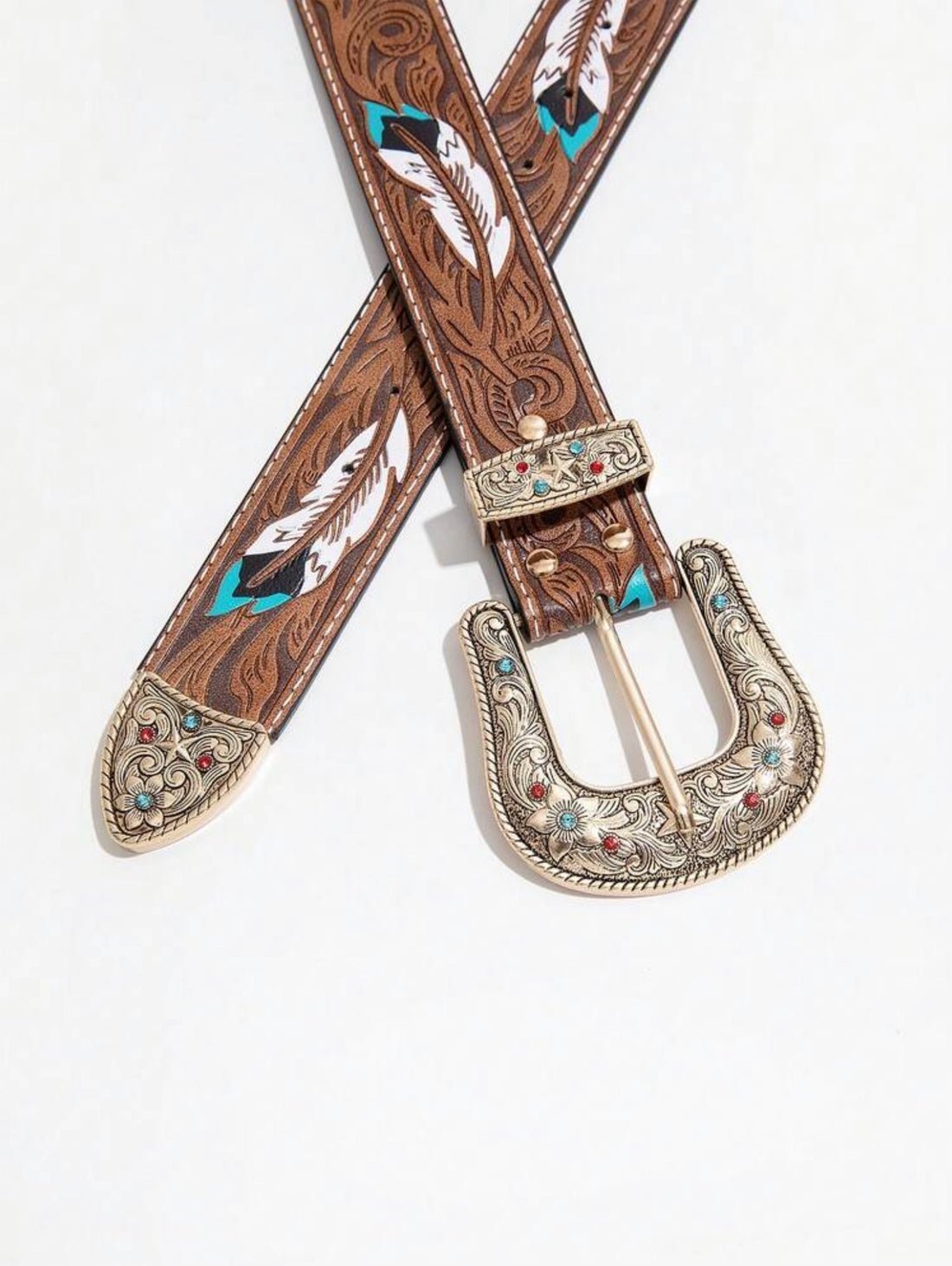 Western Embossed Handpainted Leather Belt with Rhinestones on the Buckle
