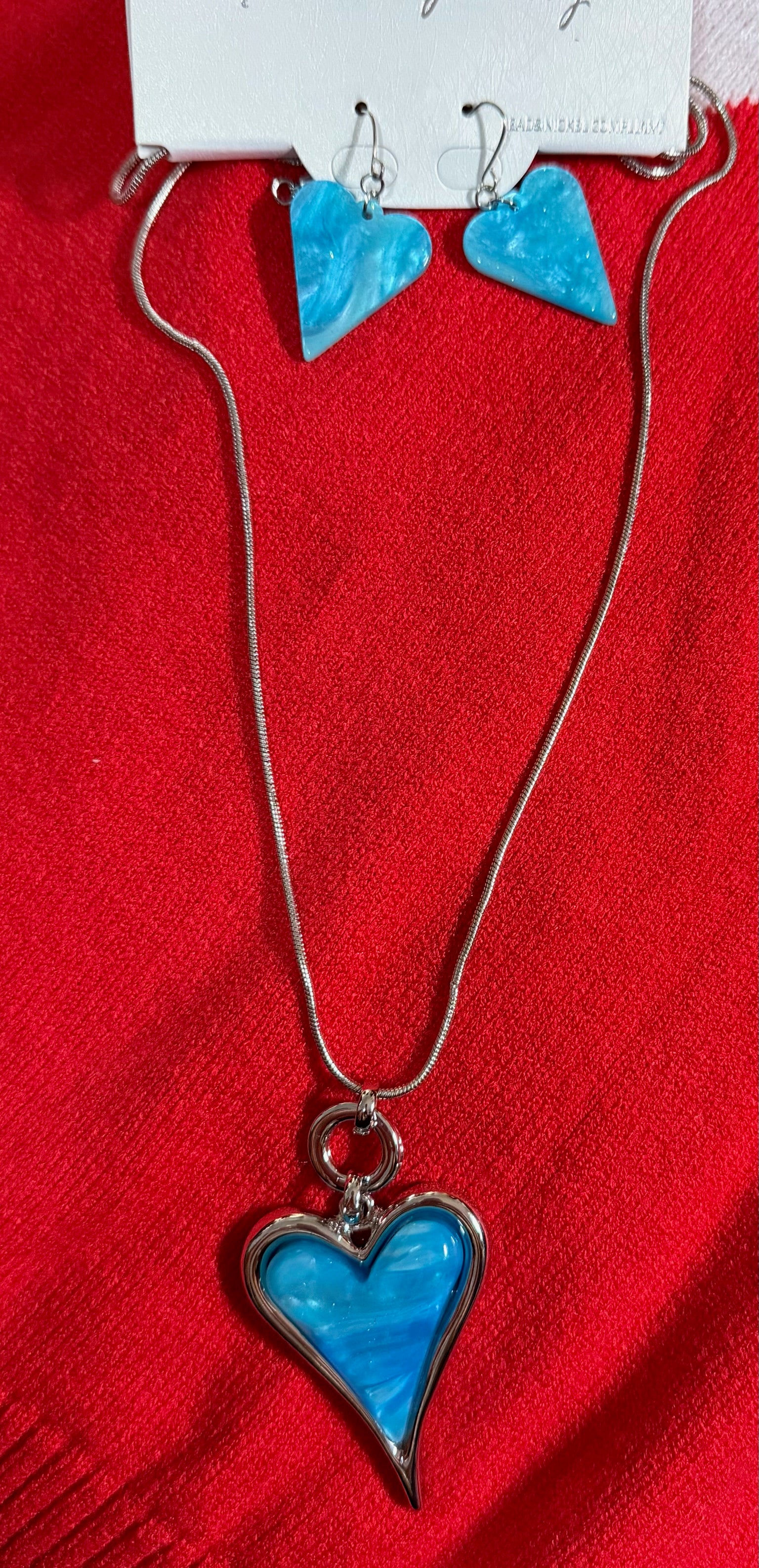 Long Blue &amp; Silver Heart Pendant Necklace with Matching Earrings