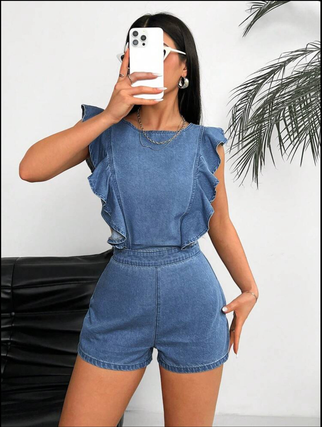 Pleated Floral Ruffle Denim Overalls