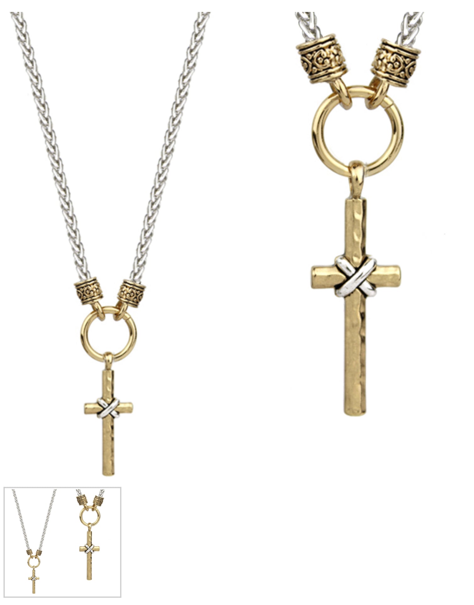 Two-Toned Metal Hammered Cross on Link Chain