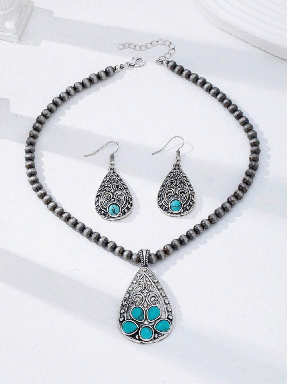 2pc. Metal and Turquoise Pendant on Navajo Beads with Matching Dangle Earrings