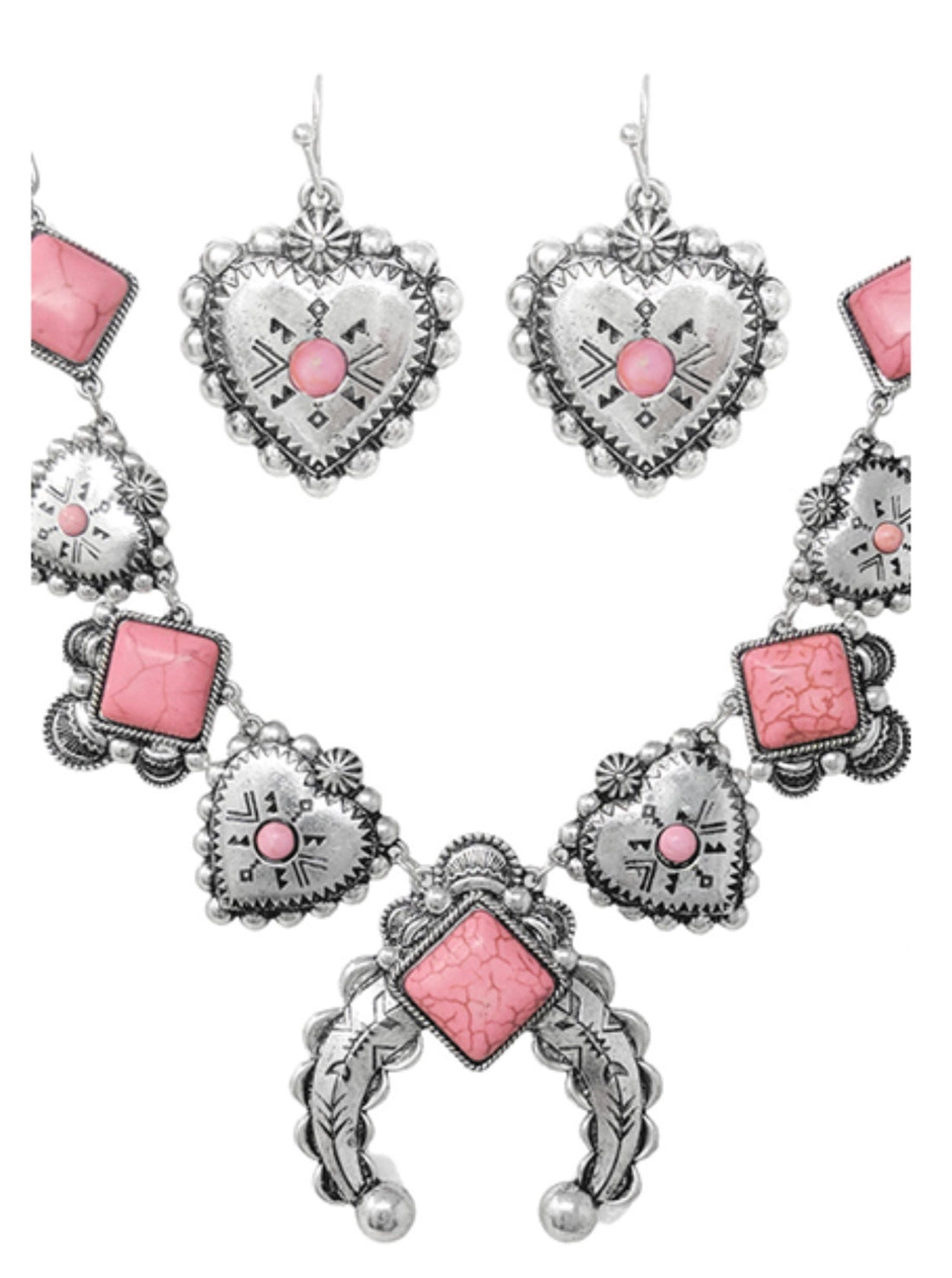 Western Heart Squash Blossom Necklace with Pink Stones and Matching Heart Earrings