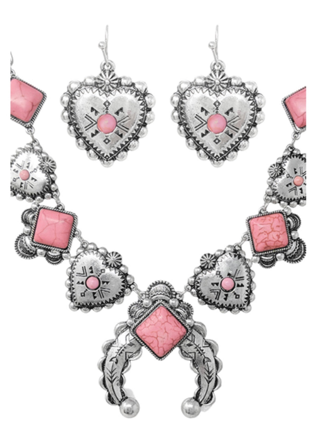 Western Heart Squash Blossom Necklace with Pink Stones and Matching Heart Earrings
