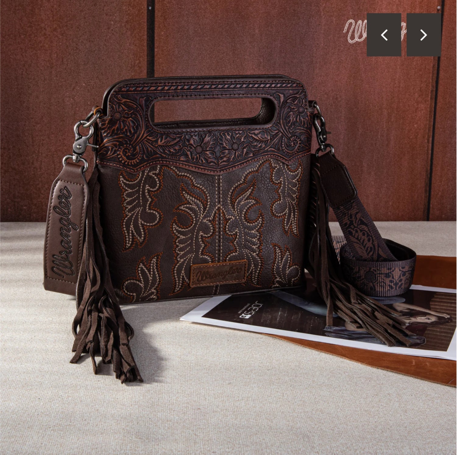 Wrangler Top Handle Embroidered Fringe Mini Crossbody Tote