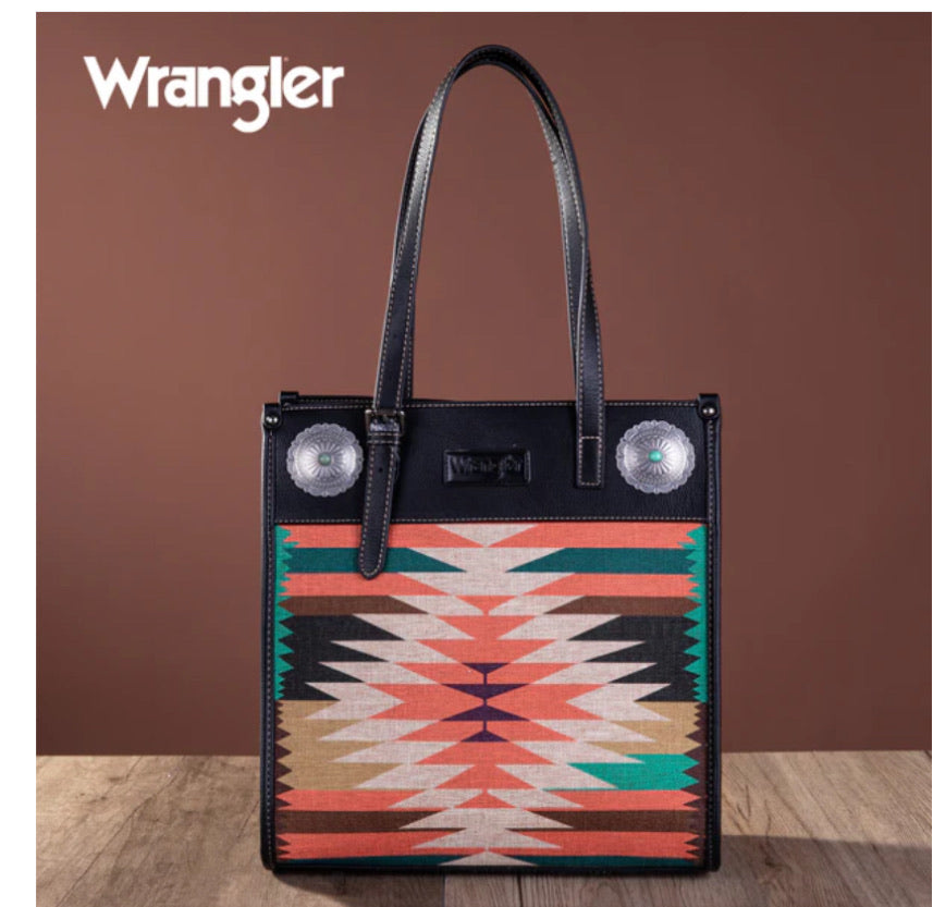 Wrangler Aztec Print on Canvas with Leather Top and Silver Concho with Turquoise Stone