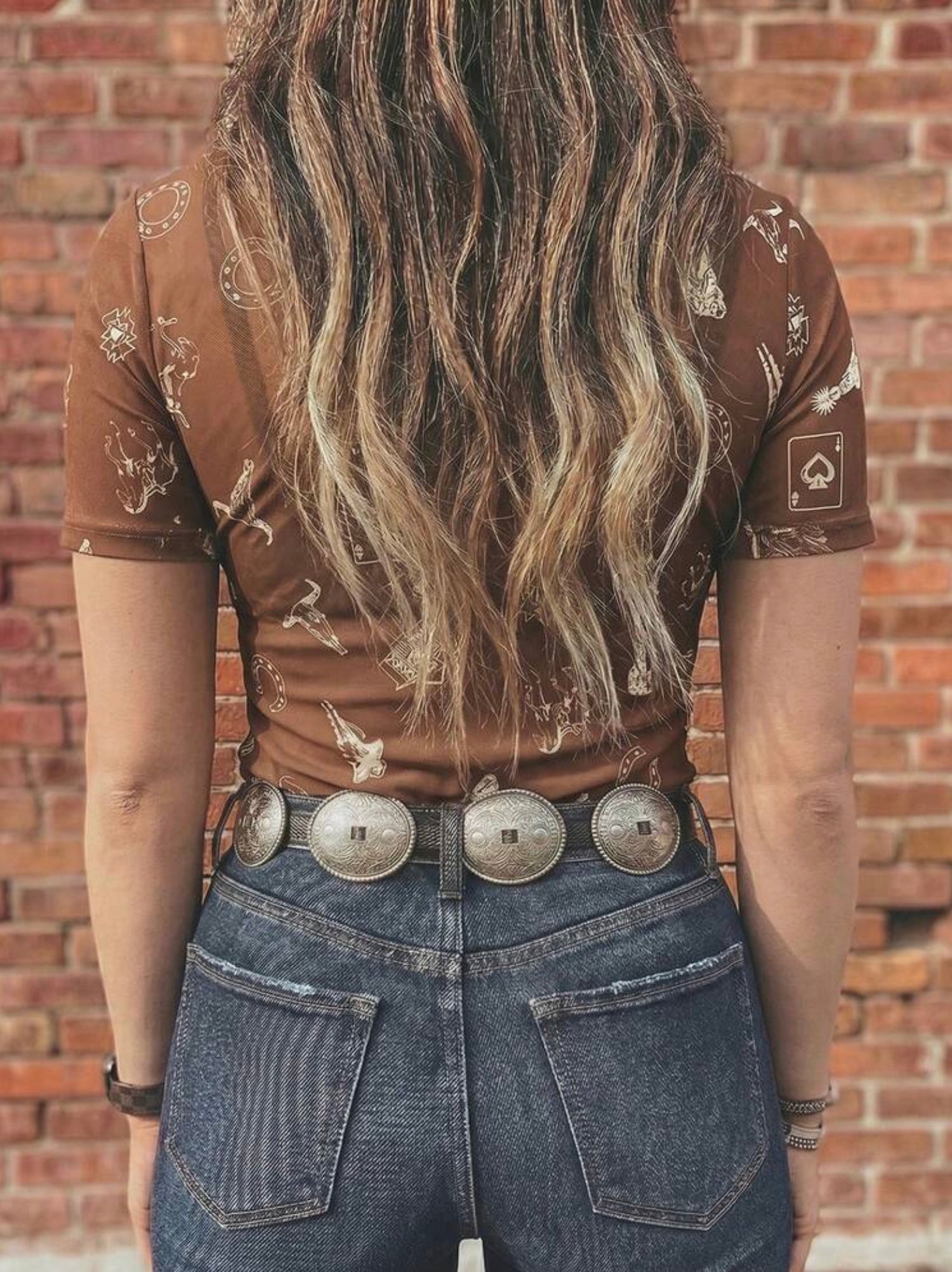 Acelitt Short Sleeve Western Print Mesh Top