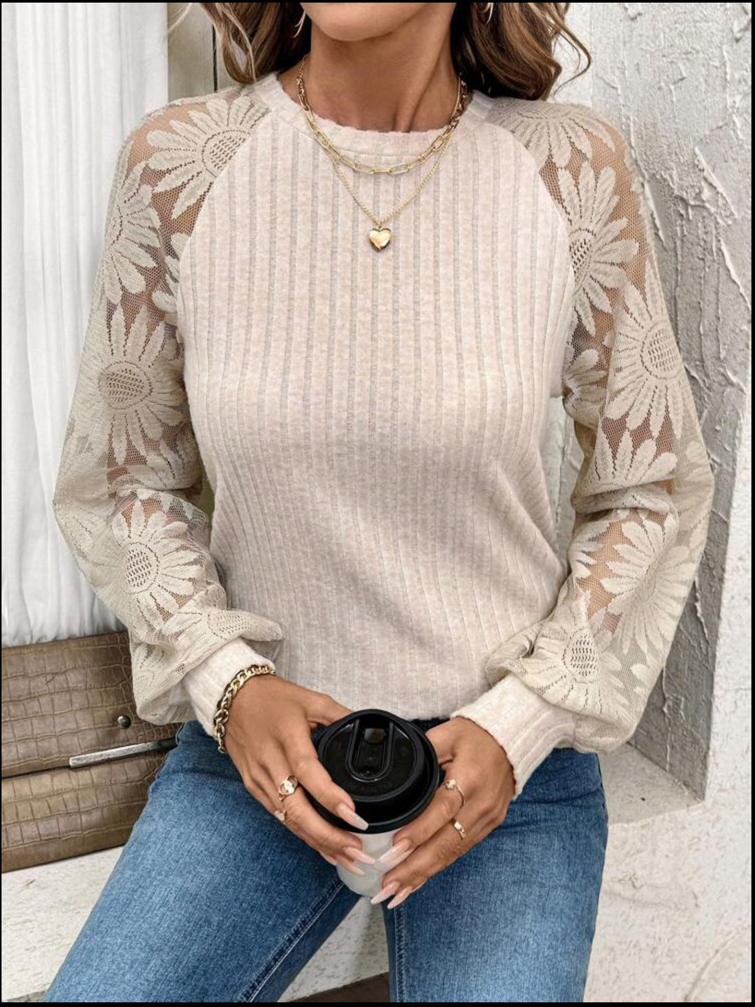 Fluffy Patchwork Sunflower Lace Long sleeve Top