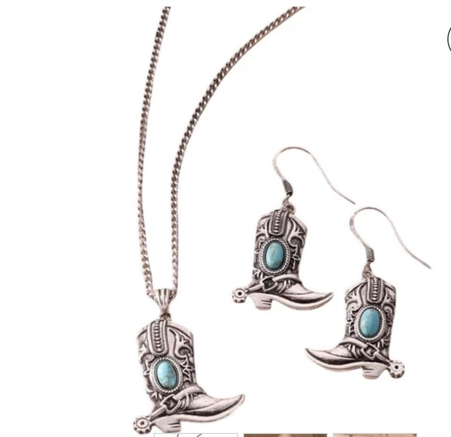 Wrangler Silver & Turquoise Boot Necklace and Earring Set
