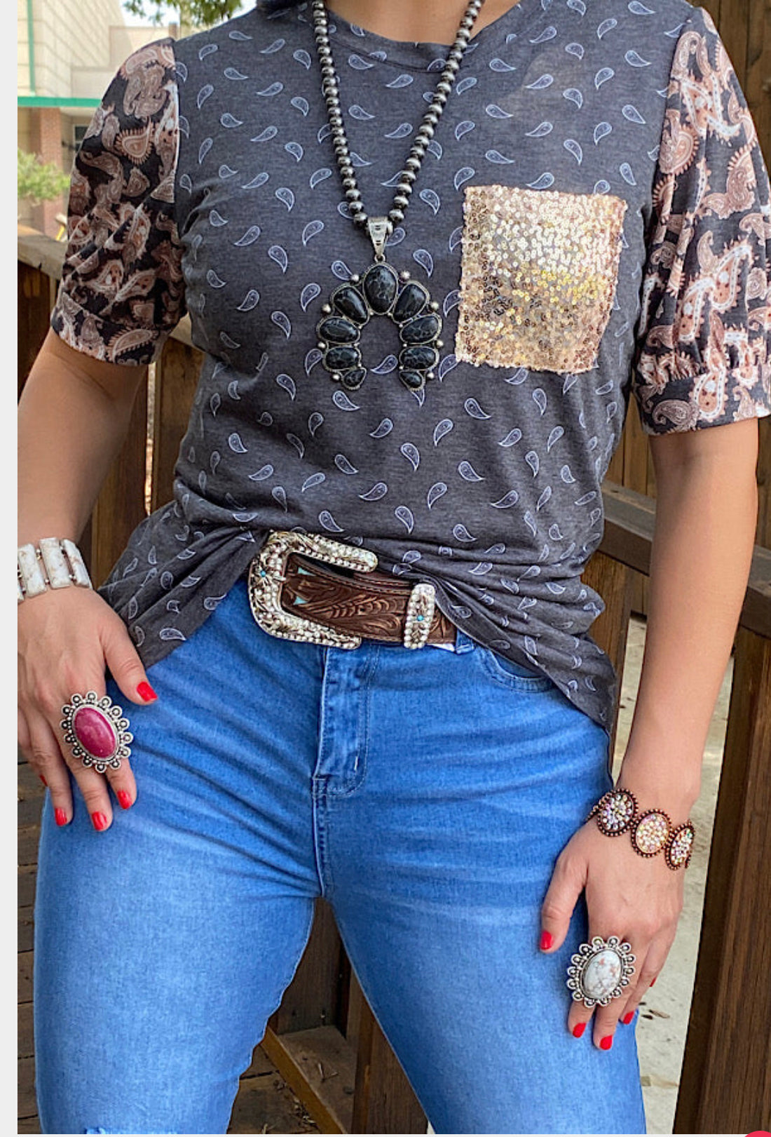 Women’s Gray Paisley Top with a Sequin Pocket