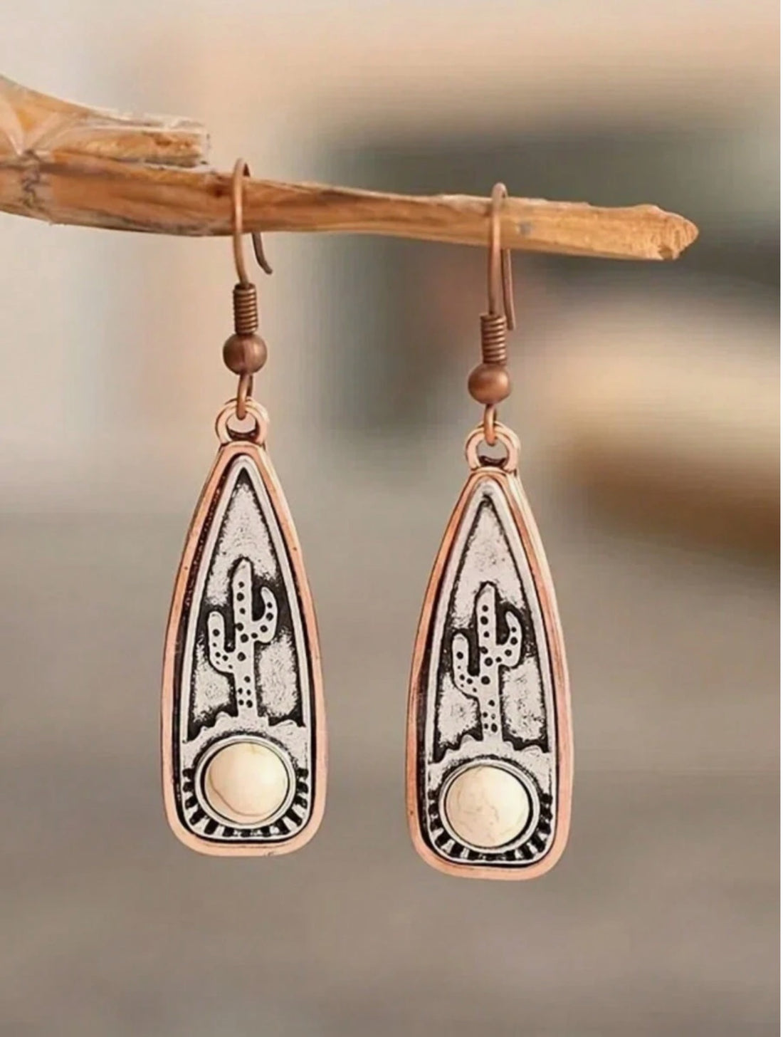 Copper and Burnished Silver Cactus Scene Dangle Earrings with White Turquoise