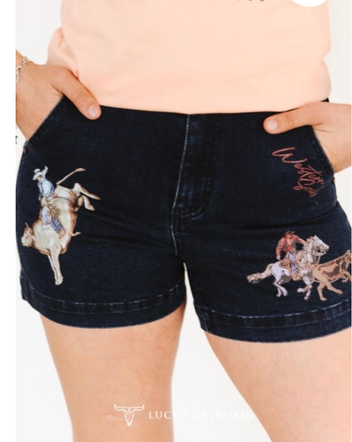 Dark Wash Rodeo Print High Rise Shorts
