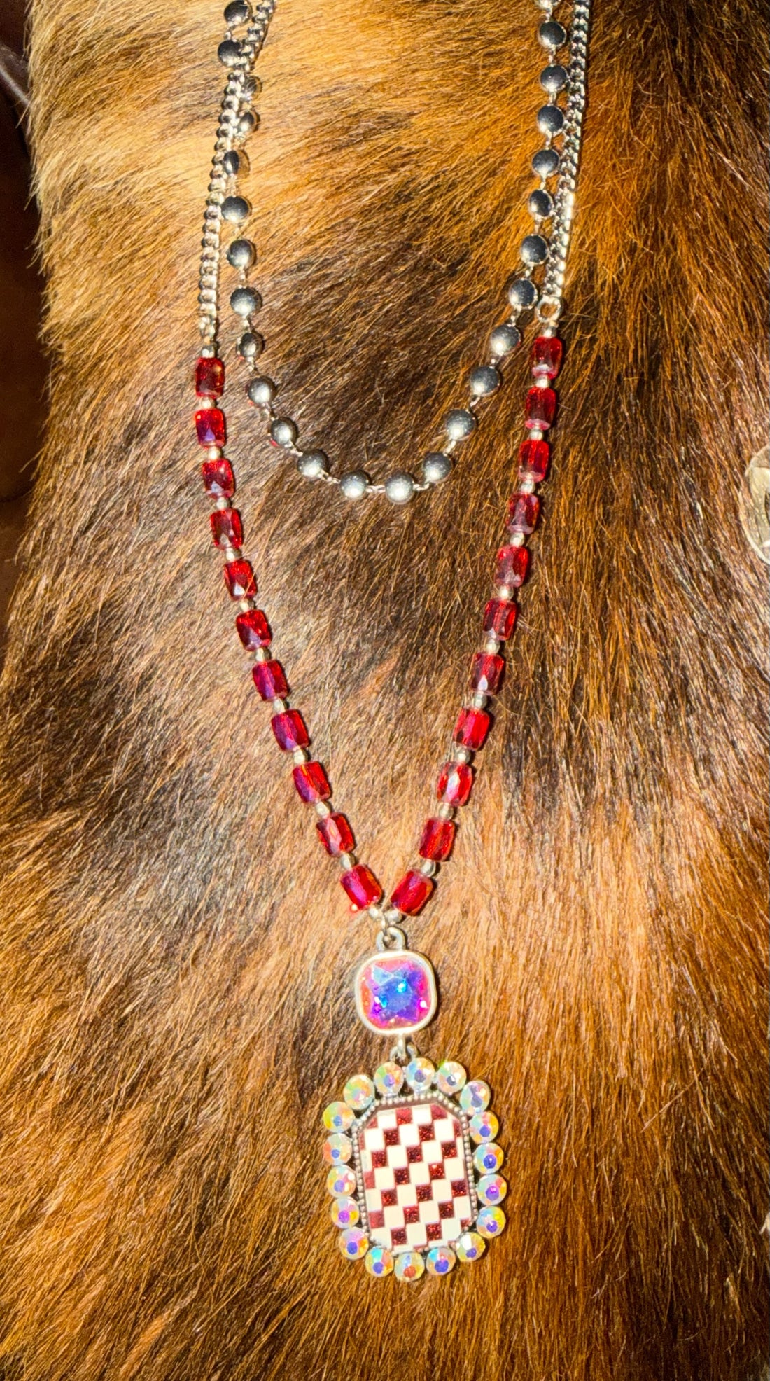Red Checkered Rhinestone Necklace