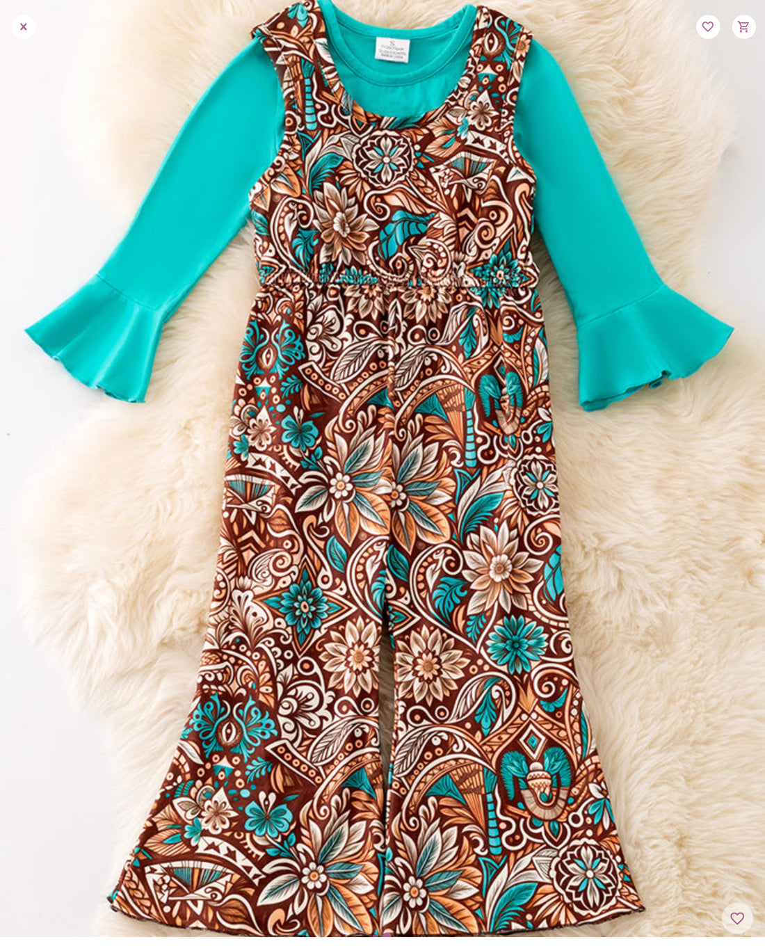 BROWN JUMPSUIT WITH TEAL LONG SLEEVE SHIRT