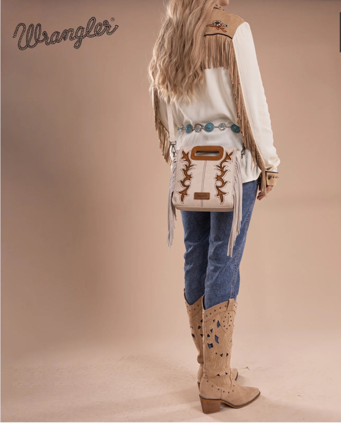 Wrangler Top Handle Boot Scroll Fringe Tote/Crossbody Purse
