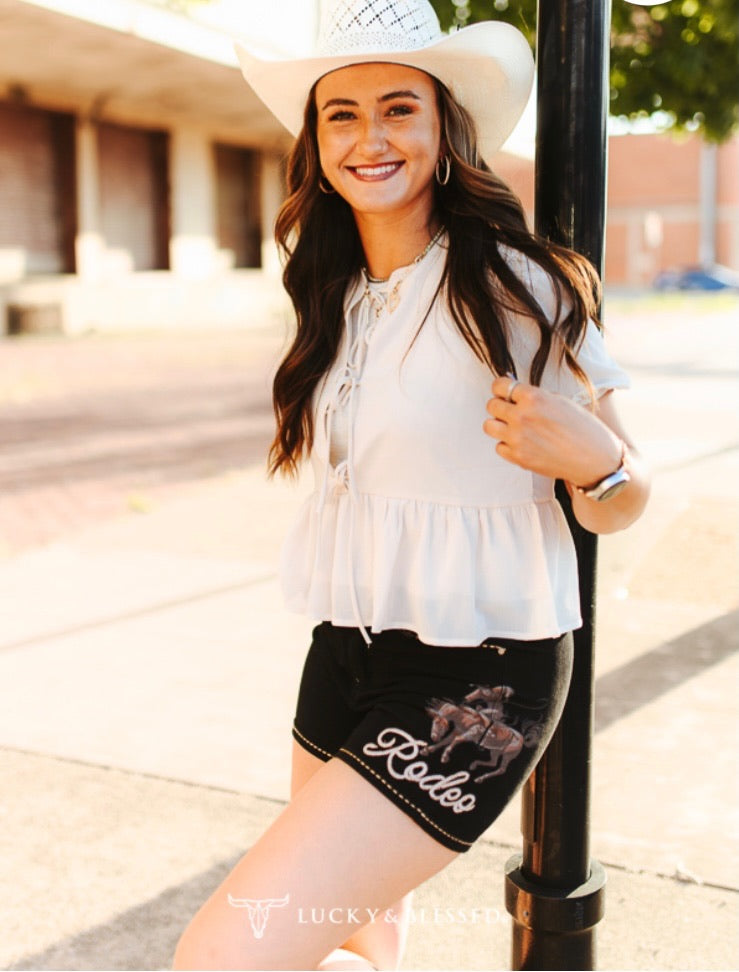 Rodeo Buck-Stitch Printed Stretch Denim Shorts