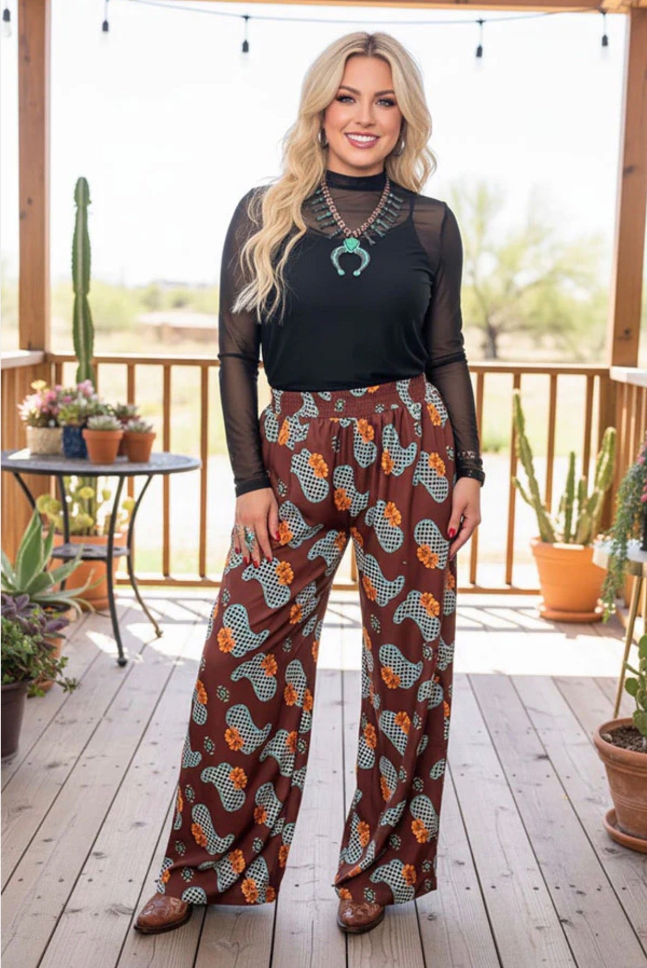 Checkered Boot with Turquoise Wide Leg Pants