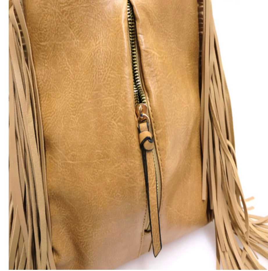Convertible Backpack with Front Zip Pocket and Side Fringe
