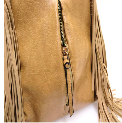 Convertible Backpack with Front Zip Pocket and Side Fringe