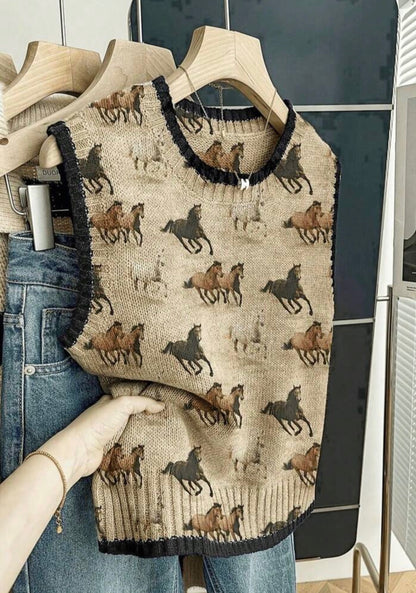 Horse Print Knit Sleeveless Sweater