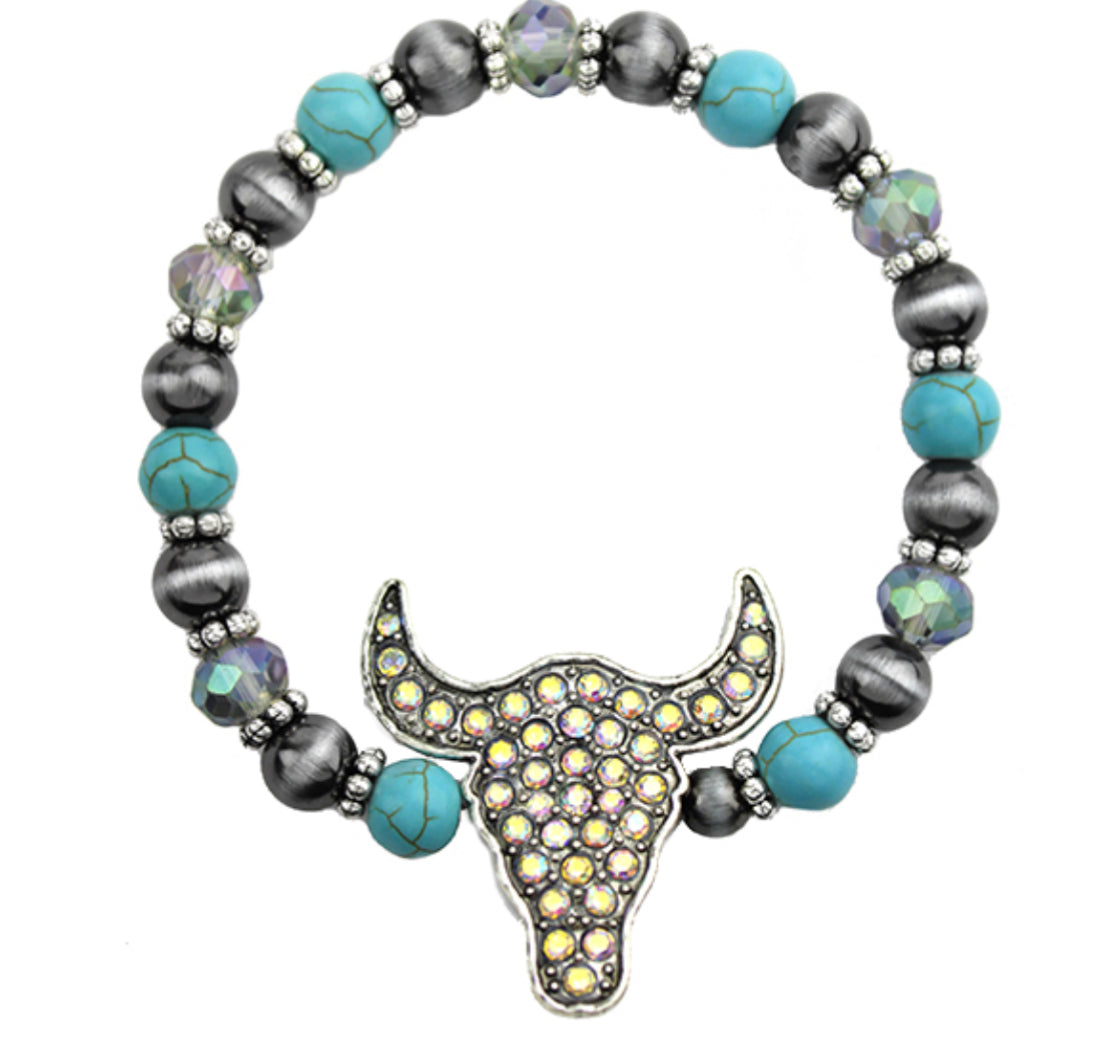 Steer Head Navajo Stretch Bracelet with Rhinestones