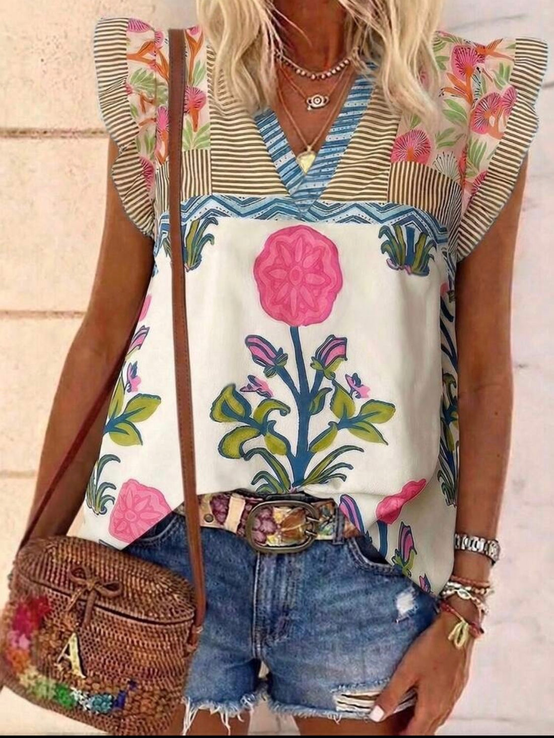 Emery Rose V- Neck Cap Sleeve Ruffle Hem Floral Print Top