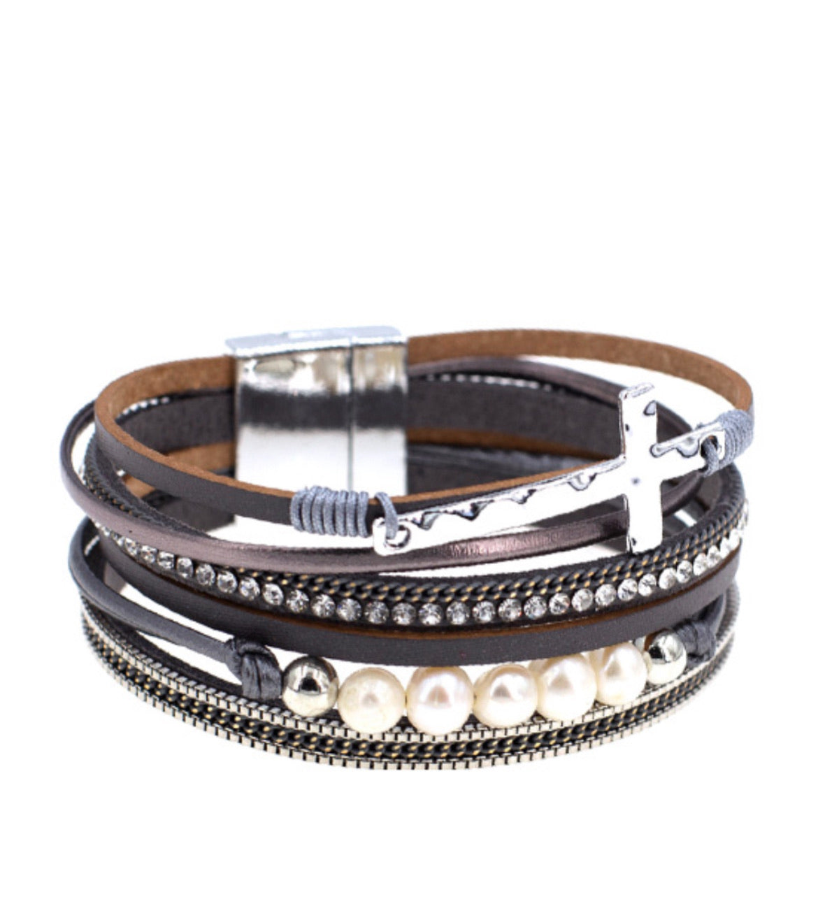 Leather Layered Cross Magnetic Bracelet