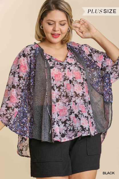 Women’s Floral Mixed Print Sheer Flowy Cape Top with Front Tie