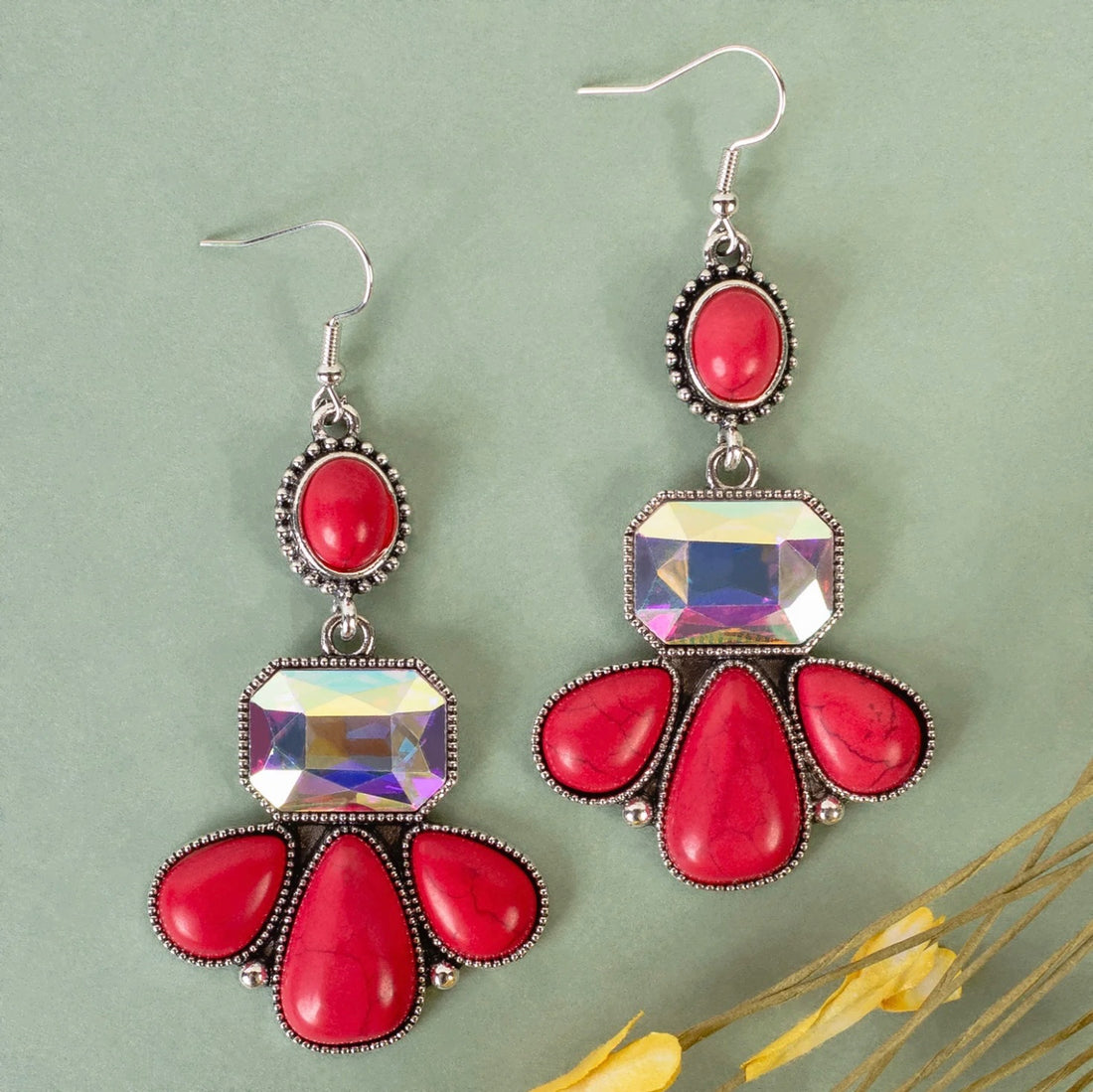 Iridescent and Red Squash Blossom Dangle Earrings