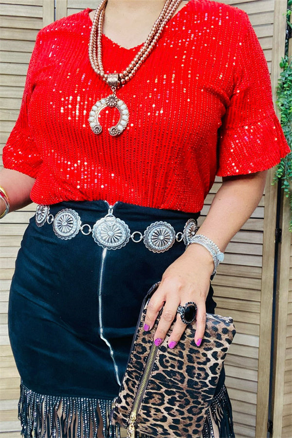 Red Sequin Top with Ruffled Sleeves