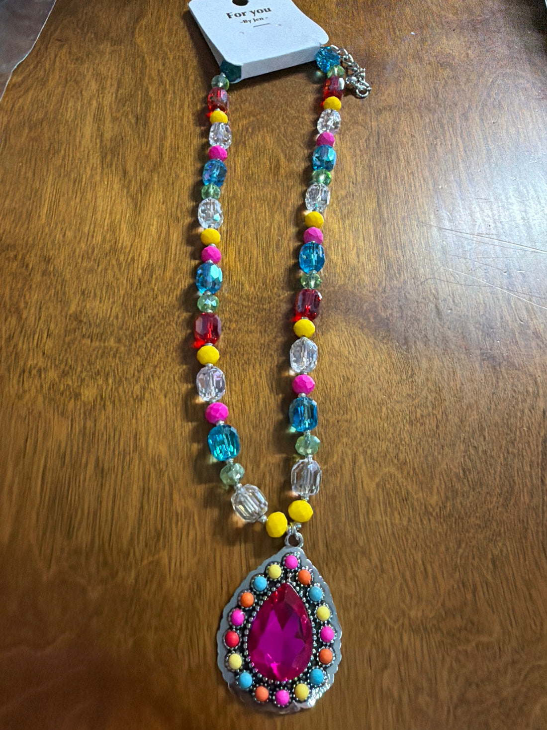 Multi-color Rhinestone Pendant on Colored Bead Necklace