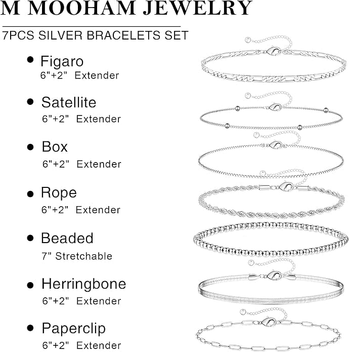 7PCS Silver Plated Bracelets for Women, Bracelet Set