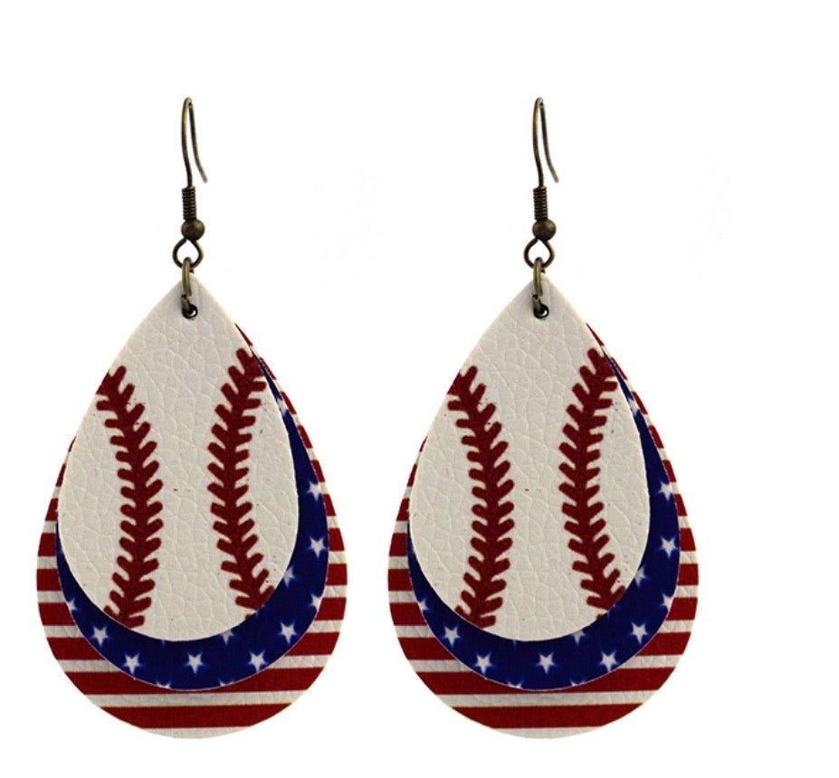 Leather Baseball Teardrop Dangle Earrings