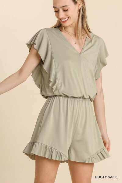 Umgee Faux Wrap Ruffled Surplice Romper with Elastic Waist and Hook Clouser